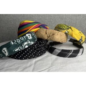 Lot 6 Fabric Knot Headbands Plaid Classic Polka Dot Straw Colorful Vintage Look